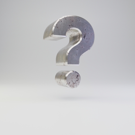 Metal question mark symbol. 3D render scratched rusty metal font with shadow isolated on white background.の写真素材