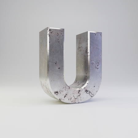 Metal letter U uppercase. 3D render scratched rusty metal font with shadow isolated on white background.の写真素材