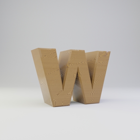 3D letter W lowercase. Rendered wooden font isolated on white background.の写真素材