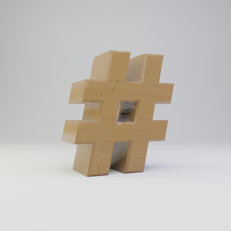 3D hashtag symbol. Rendered wooden font isolated on white background.の写真素材
