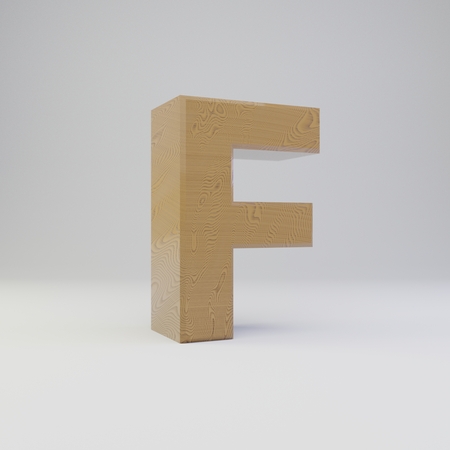 3D letter F uppercase. Rendered wooden font isolated on white background.の写真素材