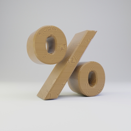 3D percent symbol. Rendered wooden font isolated on white background.の写真素材
