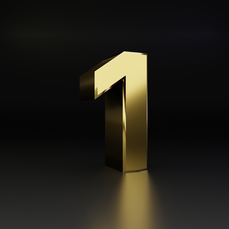 Golden number 1. 3D render shiny metal font isolated on black background with fresnel reflection