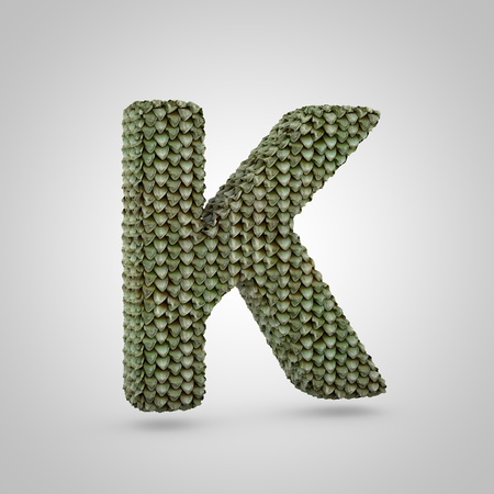 Volumetric dragon skin uppercase letter K isolated on white background. 3D rendered alphabet with detailed scales texture. Modern font for banner, poster, cover, logo design template element.の写真素材