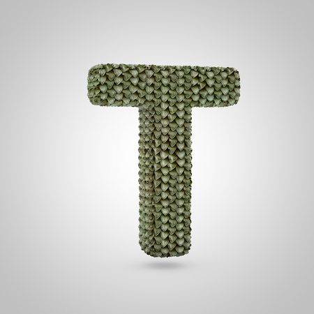 Volumetric dragon skin uppercase letter T isolated on white background. 3D rendered alphabet with detailed scales texture. Modern font for banner, poster, cover, logo design template element.の写真素材