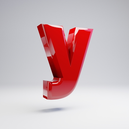Volumetric glossy red lowercase letter Y isolated on white background. 3D rendered alphabet. Modern font for banner, poster, cover, logo design template element.の写真素材