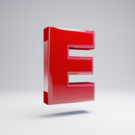 Volumetric glossy red uppercase letter E isolated on white background. 3D rendered alphabet. Modern font for banner, poster, cover, logo design template element.の写真素材