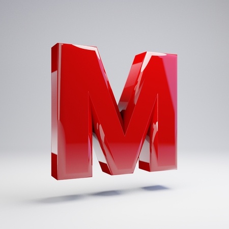 Volumetric glossy red uppercase letter M isolated on white background. 3D rendered alphabet. Modern font for banner, poster, cover, logo design template element.の写真素材