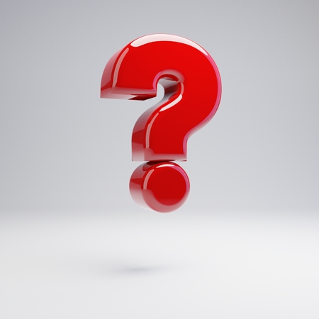 Volumetric glossy red question mark symbol isolated on white background. 3D rendered alphabet. Modern font for banner, poster, cover, logo design template element.の写真素材