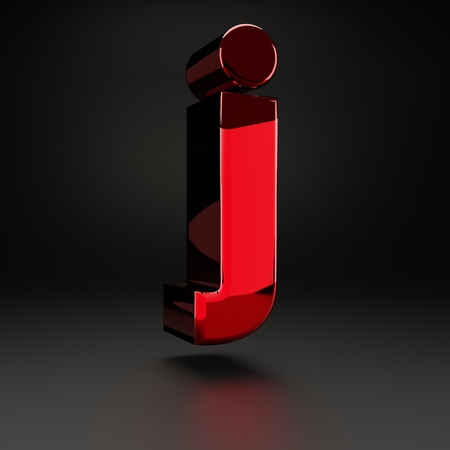 Volumetric shiny metal lowercase letter J isolated on black background. 3D rendered alphabet with strong light reflections. Metallic font for poster, banner, cover, logo design template element.の写真素材