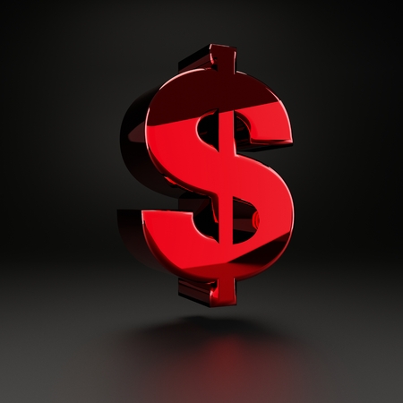 Volumetric shiny metal dollar symbol isolated on black background. 3D rendered alphabet with strong light reflections. Metallic font for poster, banner, cover, logo design template element.の写真素材