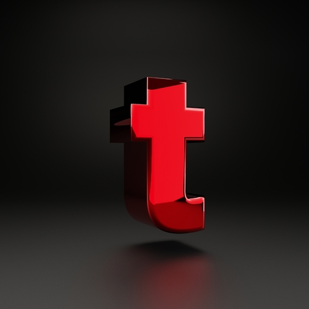 Volumetric shiny metal lowercase letter T isolated on black background. 3D rendered alphabet with strong light reflections. Metallic font for poster, banner, cover, logo design template element.の写真素材
