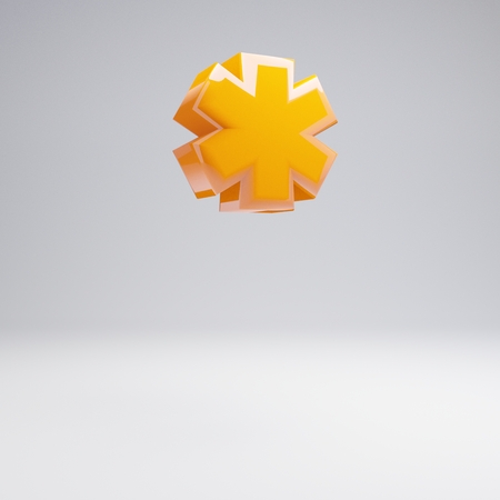 Volumetric glossy hot orange footnote symbol isolated on white background. 3D rendered alphabet. Modern font for banner, poster, cover, logo design template element.の写真素材