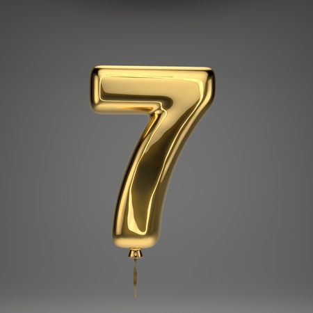 Golden glossy number 7 isolated on dark background. 3D rendered alphabet. Inflated ballon font with golden ribbon.の写真素材