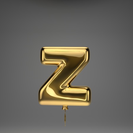 Golden glossy lowercase letter Z isolated on dark background. 3D rendered alphabet. Inflated ballon font with golden ribbon.の写真素材
