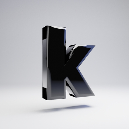 Volumetric glossy black lowercase letter K isolated on white background. 3D rendered alphabet. Modern font for banner, poster, cover, logo design template element.の写真素材