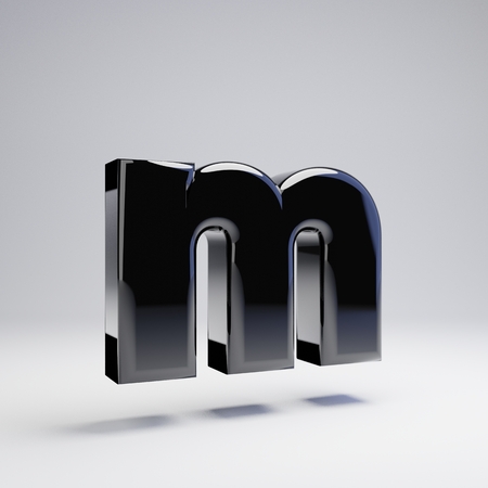 Volumetric glossy black lowercase letter M isolated on white background. 3D rendered alphabet. Modern font for banner, poster, cover, logo design template element.の写真素材