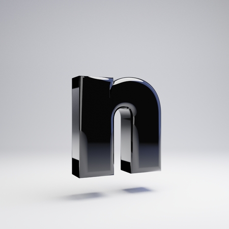 Volumetric glossy black lowercase letter N isolated on white background. 3D rendered alphabet. Modern font for banner, poster, cover, logo design template element.の写真素材