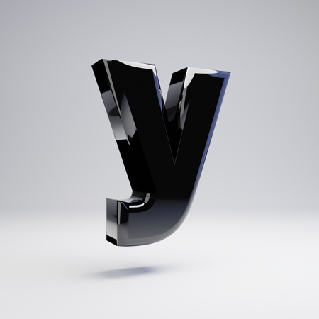 Volumetric glossy black lowercase letter Y isolated on white background. 3D rendered alphabet. Modern font for banner, poster, cover, logo design template element.の写真素材