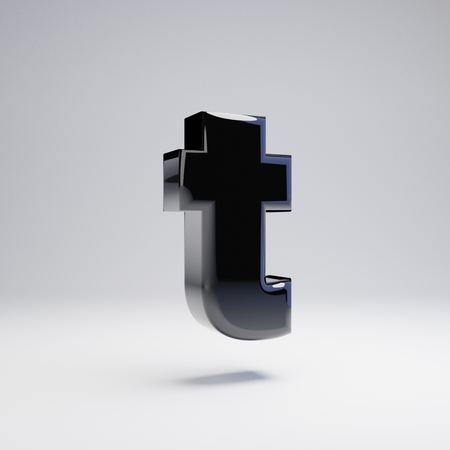 Volumetric glossy black lowercase letter T isolated on white background. 3D rendered alphabet. Modern font for banner, poster, cover, logo design template element.の写真素材