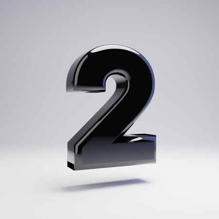 Volumetric glossy black number 2 isolated on white background. 3D rendered alphabet. Modern font for banner, poster, cover, logo design template element.の写真素材