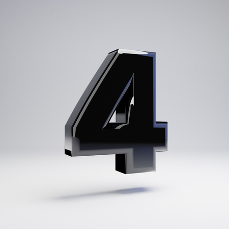 Volumetric glossy black number 4 isolated on white background. 3D rendered alphabet. Modern font for banner, poster, cover, logo design template element.の写真素材