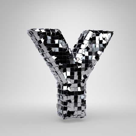 Chrome Disco Ball uppercase letter Y isolated on white background. 3D rendered alphabet. Modern font for dance party banner, poster, design template element.の写真素材