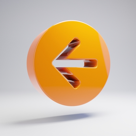 Volumetric glossy hot orange Arrow Circle Left icon isolated on white background. 3D rendered digital symbol. Modern icon for website, internet marketing, presentation, logo design template element.の写真素材