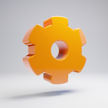 Volumetric glossy hot orange Cog icon isolated on white background. 3D rendered digital symbol. Modern icon for website, internet marketing, presentation, logo design template element.の写真素材