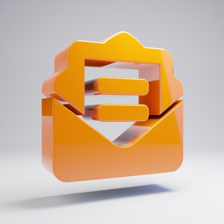 Volumetric glossy hot orange Envelope Open Text icon isolated on white background. 3D rendered digital symbol. Modern icon for website, internet marketing, presentation, logo design template element.の写真素材