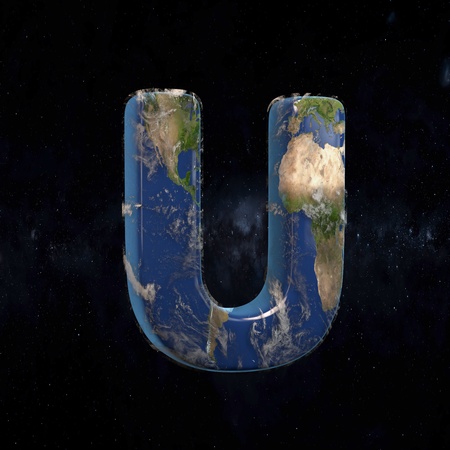 Earth uppercase letter U isolated in space with stars and the Milky Way. 3D rendered alphabet with detailed clouds, oceans and mainlands. Font for Ecology banner, poster, design template element.の写真素材