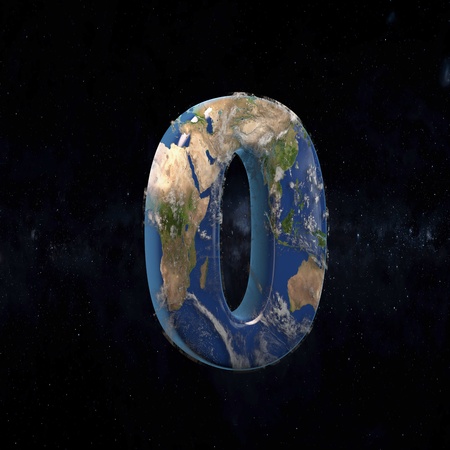 Earth uppercase number 0 in space with stars and the Milky Way. 3D rendered alphabet with detailed clouds, oceans and mainlands. Font for Ecology banner, poster, design template element.の写真素材