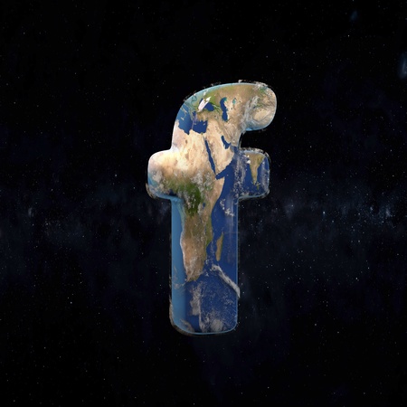 Earth lowercase letter F isolated in space with stars and the Milky Way. 3D rendered alphabet with detailed clouds, oceans and mainlands. Font for Ecology banner, poster, design template element.の写真素材