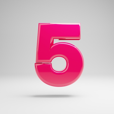 Glossy pink number 5 isolated on white background. 3D rendered alphabet. Modern font for banner, poster, cover, logo design template element.の写真素材