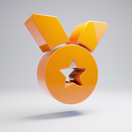 Volumetric glossy hot orange Medal icon isolated on white background. 3D rendered digital symbol. Modern icon for website, internet marketing, presentation, logo design template element.の写真素材