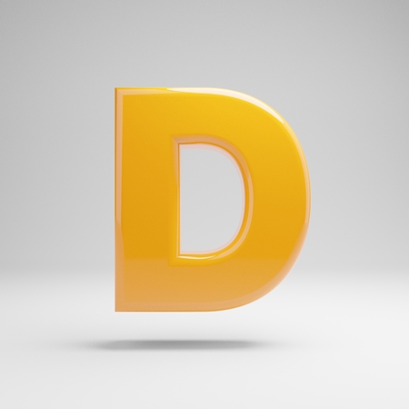 Glossy yellow uppercase letter D isolated on white background. 3D rendered alphabet. Modern font for banner, poster, cover, logo design template element.の写真素材