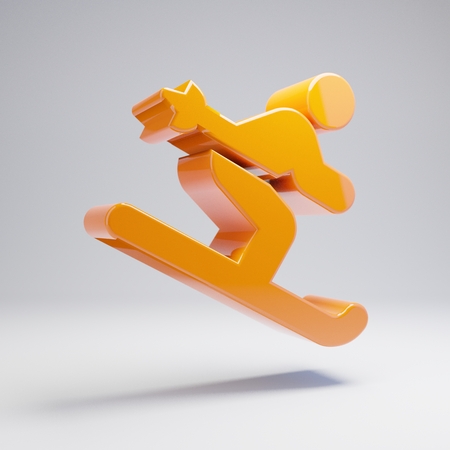 Volumetric glossy hot orange Skiing icon isolated on white background. 3D rendered digital symbol. Modern icon for website, internet marketing, presentation, logo design template element.の写真素材
