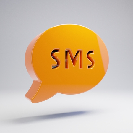 Volumetric glossy hot orange SMS icon isolated on white background. 3D rendered digital symbol. Modern icon for website, internet marketing, presentation, logo design template element.の写真素材