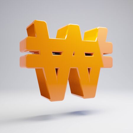 Volumetric glossy hot orange won icon isolated on white background. 3D rendered digital symbol. Modern icon for website, internet marketing, presentation, logo design template element.の写真素材