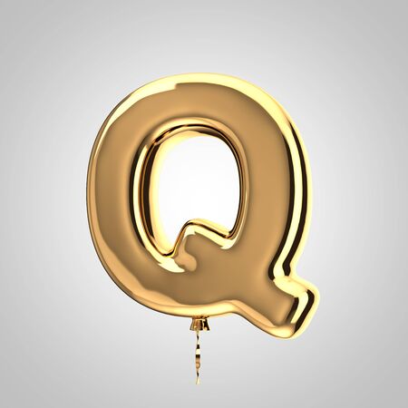 Shiny metallic gold balloon letter Q uppercase isolated on white background. 3D rendered alphabet type balloons for holiday, birthday, celebration, new year. Glossy font for banner, poster decoration.の写真素材