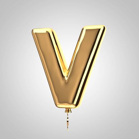 Shiny metallic gold balloon letter V uppercase isolated on white background. 3D rendered alphabet type balloons for holiday, birthday, celebration, new year. Glossy font for banner, poster decoration.の写真素材