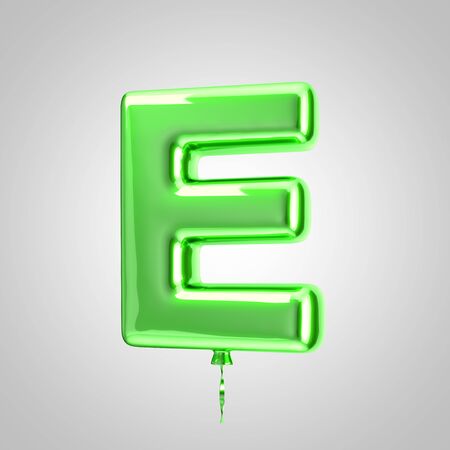 Shiny metallic green balloon letter E uppercase isolated on white. 3D rendered alphabet type balloons for holiday, birthday, celebration, new year. Glossy font for banner, poster decoration.の写真素材