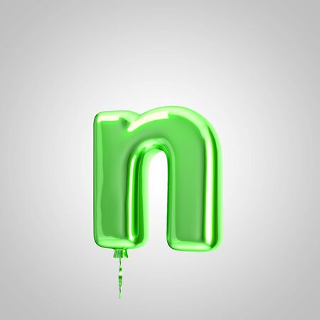 Shiny metallic green balloon letter N lowercase isolated on white. 3D rendered alphabet type balloons for holiday, birthday, celebration, new year. Glossy font for banner, poster decoration.の写真素材