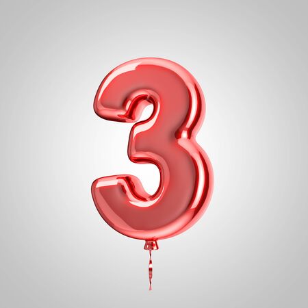 Shiny metallic red balloon number 3 isolated on white background. 3D rendered alphabet type balloons for holiday, birthday, celebration, new year. Glossy font for banner, poster decoration.の写真素材