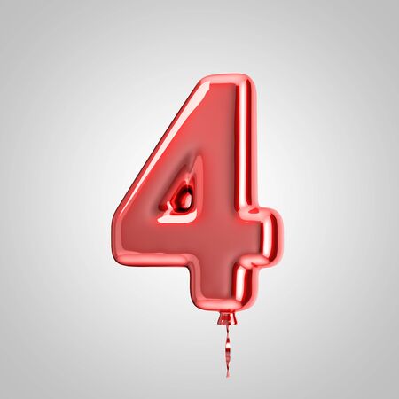 Shiny metallic red balloon number 4 isolated on white background. 3D rendered alphabet type balloons for holiday, birthday, celebration, new year. Glossy font for banner, poster decoration.の写真素材