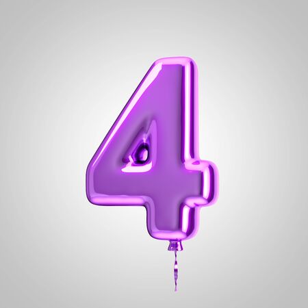 Shiny metallic violet balloon number 4 isolated on white. 3D rendered alphabet type balloons for holiday, birthday, celebration, new year. Glossy font for banner, poster decoration.の写真素材