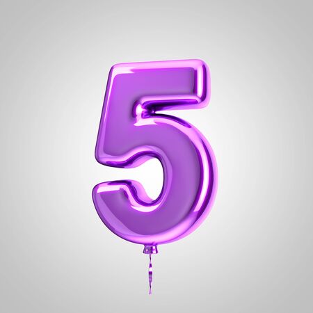 Shiny metallic violet balloon number 5 isolated on white. 3D rendered alphabet type balloons for holiday, birthday, celebration, new year. Glossy font for banner, poster decoration.の写真素材