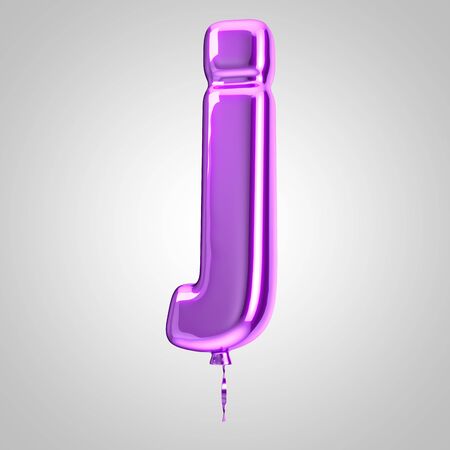 Shiny metallic violet balloon letter J lowercase isolated on white. 3D rendered alphabet type balloons for holiday, birthday, celebration, new year. Glossy font for banner, poster decoration.の写真素材
