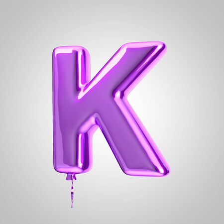 Shiny metallic violet balloon letter K uppercase isolated on white. 3D rendered alphabet type balloons for holiday, birthday, celebration, new year. Glossy font for banner, poster decoration.の写真素材
