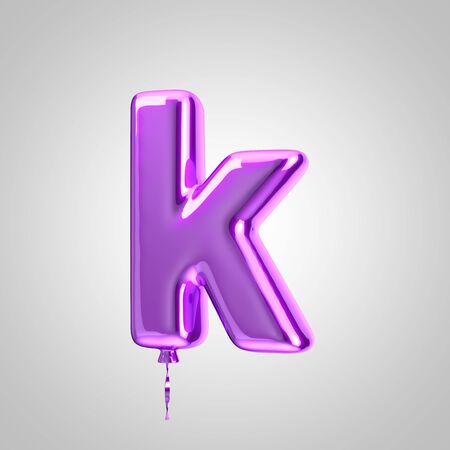Shiny metallic violet balloon letter K lowercase isolated on white. 3D rendered alphabet type balloons for holiday, birthday, celebration, new year. Glossy font for banner, poster decoration.の写真素材